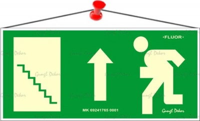 Információs tábla, 25x11,5 cm, fluoreszkáló, utánvilágítós, "Menekülési irány fel, lépcső balra"